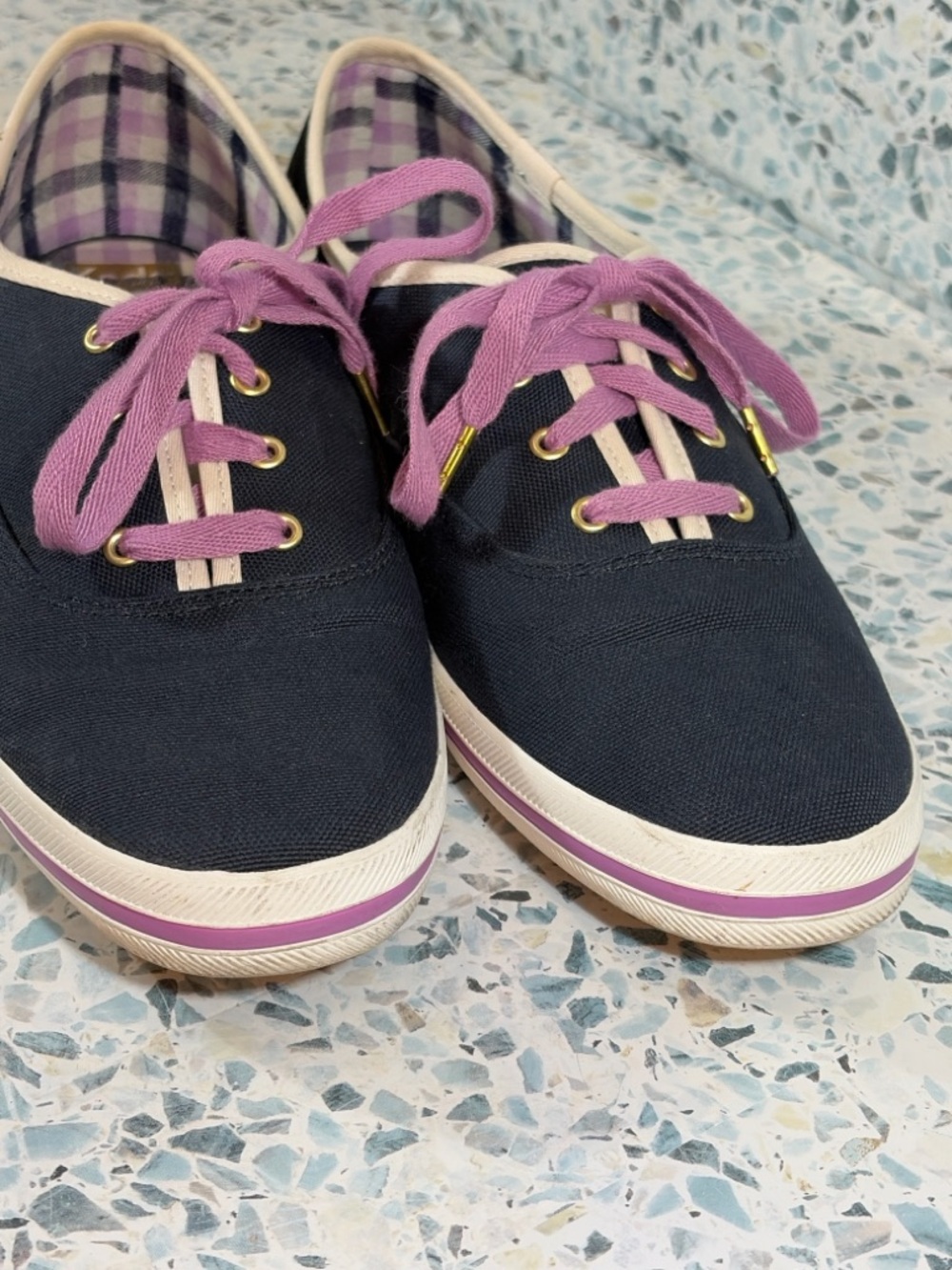 Kate Spade x Keds WF65386 Navy Canvas Sneakers Pink Laces Plaid Lining Size 9 - Picture 3 of 6